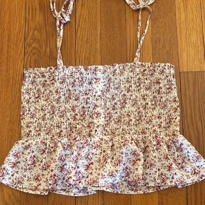 Smocked Floral Tie-Shoulder Peplum Crop Top - White with Burgundy Floral